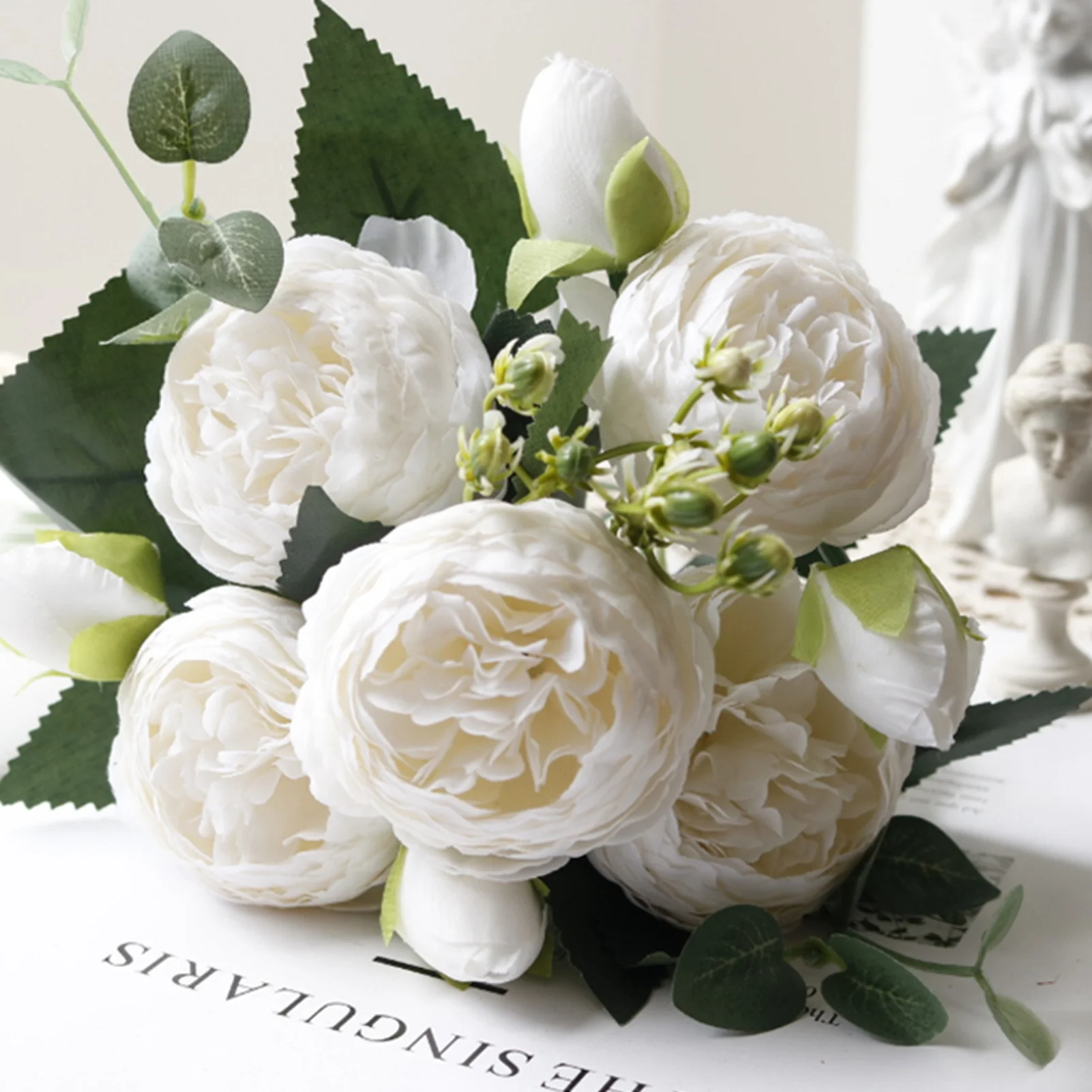 Korean Style 5-Head Simulation Persia Rose Artificial Realistic Bouquet Home Wedding Photography Handmade Bouquet White 30x6cm