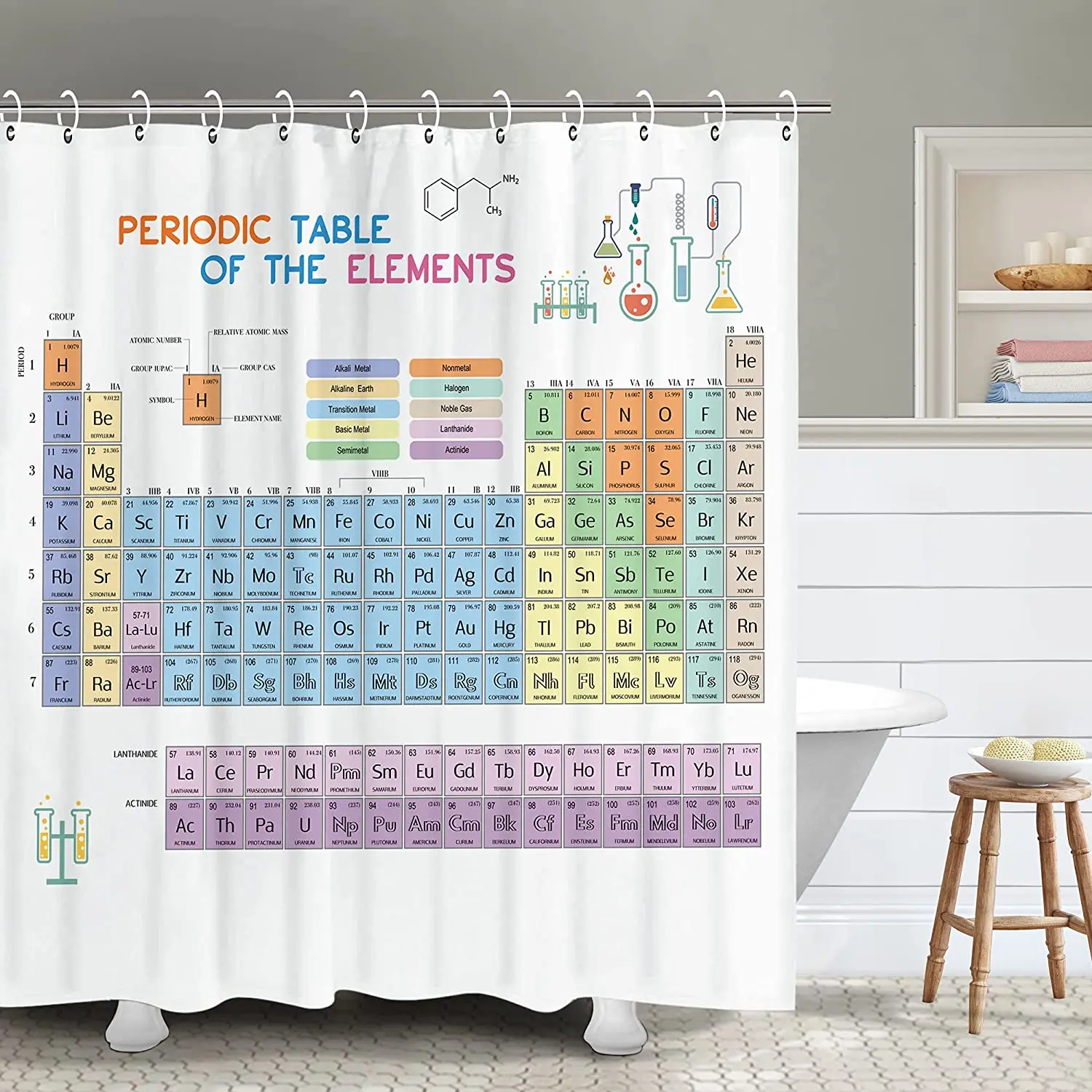 Periodic Table of Elements Shower Curtain Science Educational Shower Curtains Bath Decor Waterproof Bathroom Curtain 72x72 Inch