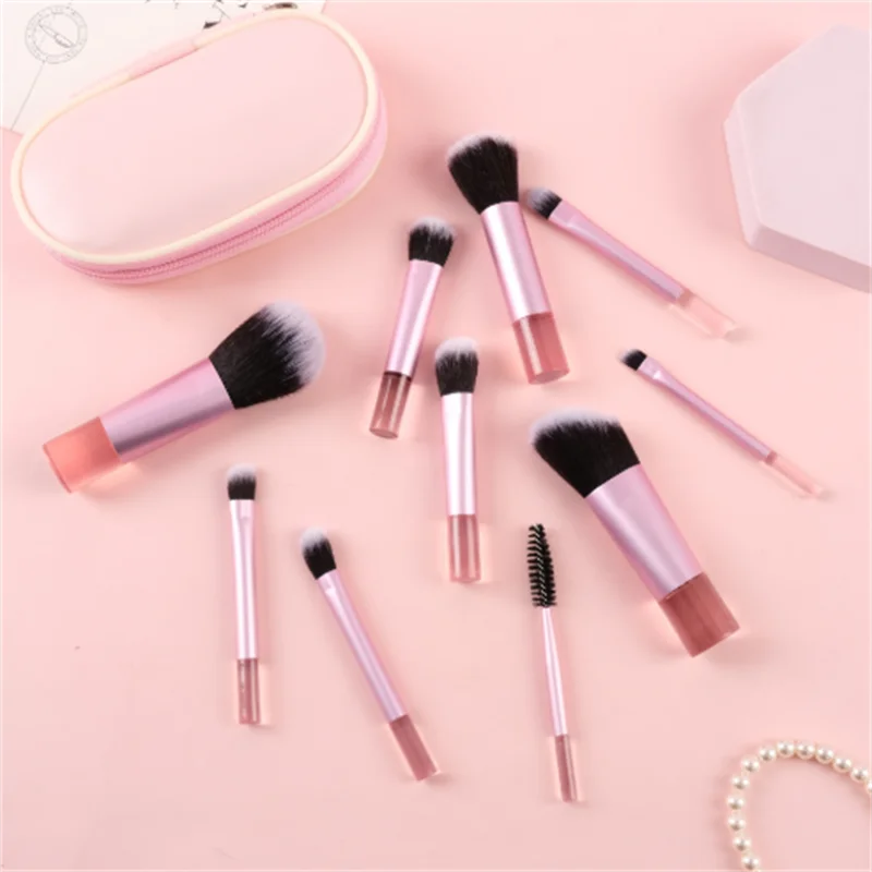 10-piece mini makeup brush set short pole transparent handle portable loose powder contouring blush eyeshadow makeup brush set