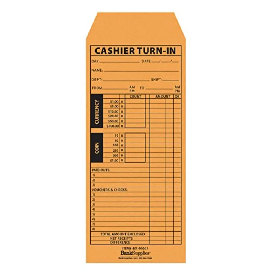 

Cashier Turn-In Envelopes 4.5 Inches by 10.375 Inches 500 Brown Kraft Paper Envelopes Standard Open End Moisten and Seal Closur