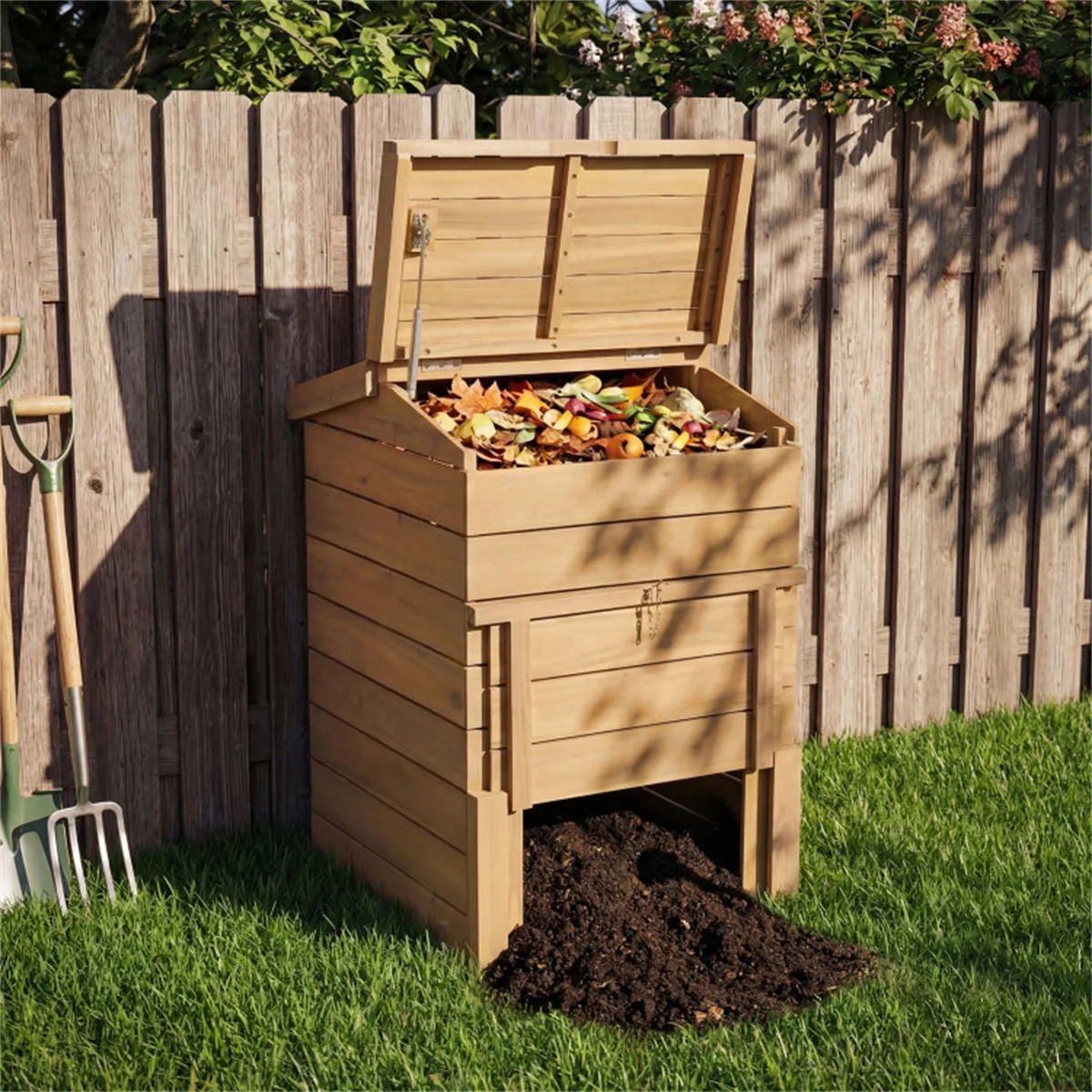 33” Tall Solid Wood Composter with Easy Top & Bottom Access, Decorative Compost Bin for Garden Waste