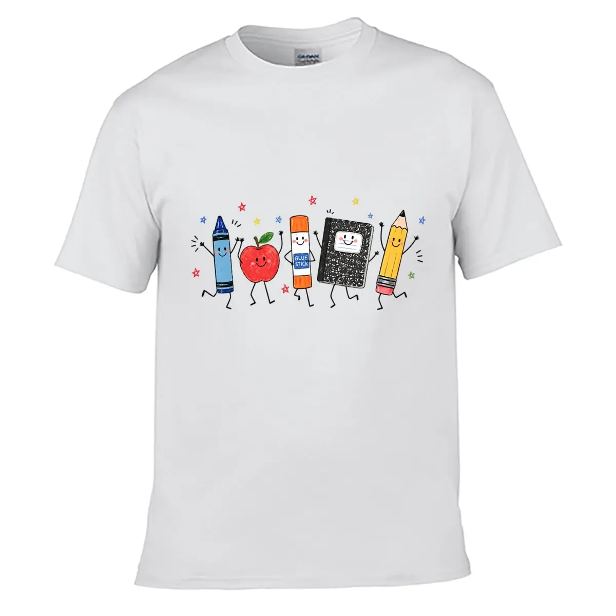 Classroom Supplies Glue Stick Apple Crayon Notebook Pencil Doodle short-sleeved T-shirt