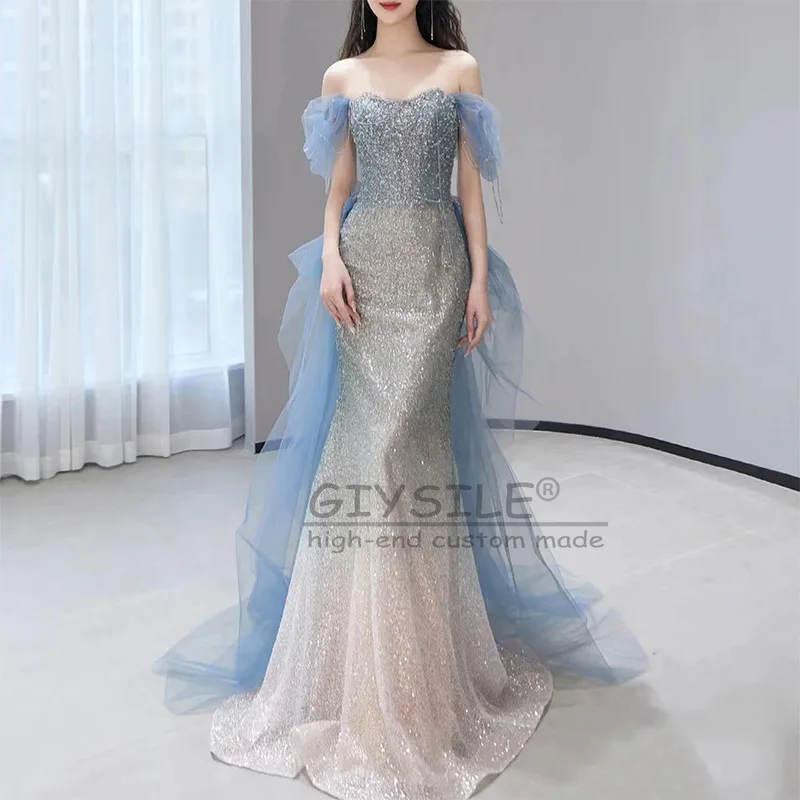 

GIYSILE Customized Tube Top Sleeveless Blue fashion Evening Dress Starry Sky Beading Bar Mitzvah Fishtail Shoulder Party Dresses