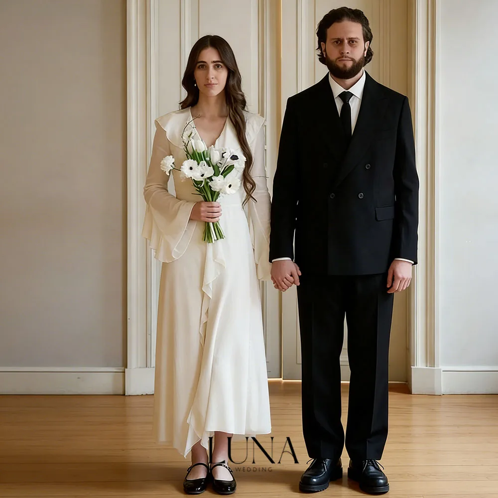 Luna Customized Chiffon French Civil Wedding Dresses 2026 New V-Neck Flare Sleeves Bridal Party Dresses Simple Classic Style