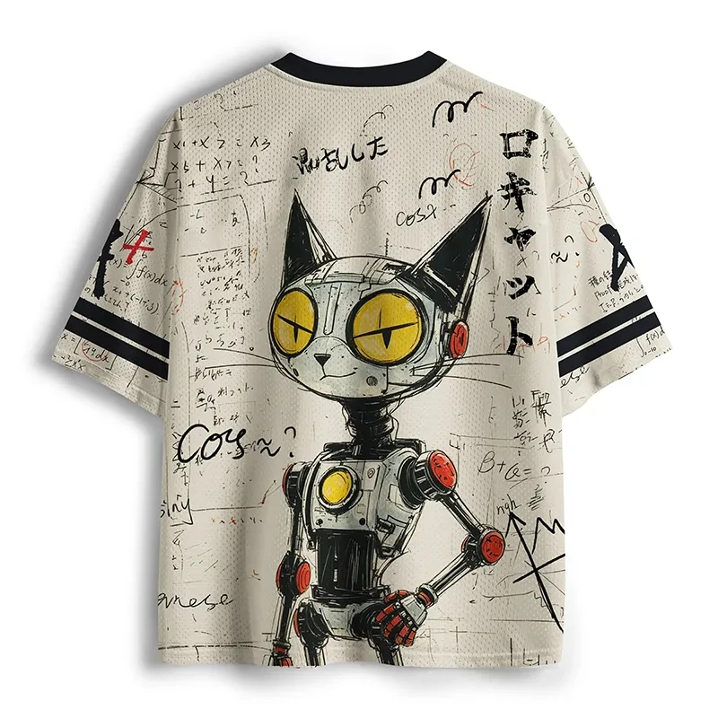 2026 Mechanical Cat Robot Graphic V Neck Mesh Short Sleeve Shirt Unisex Oversized Casual Streetwear Hip Hop Top