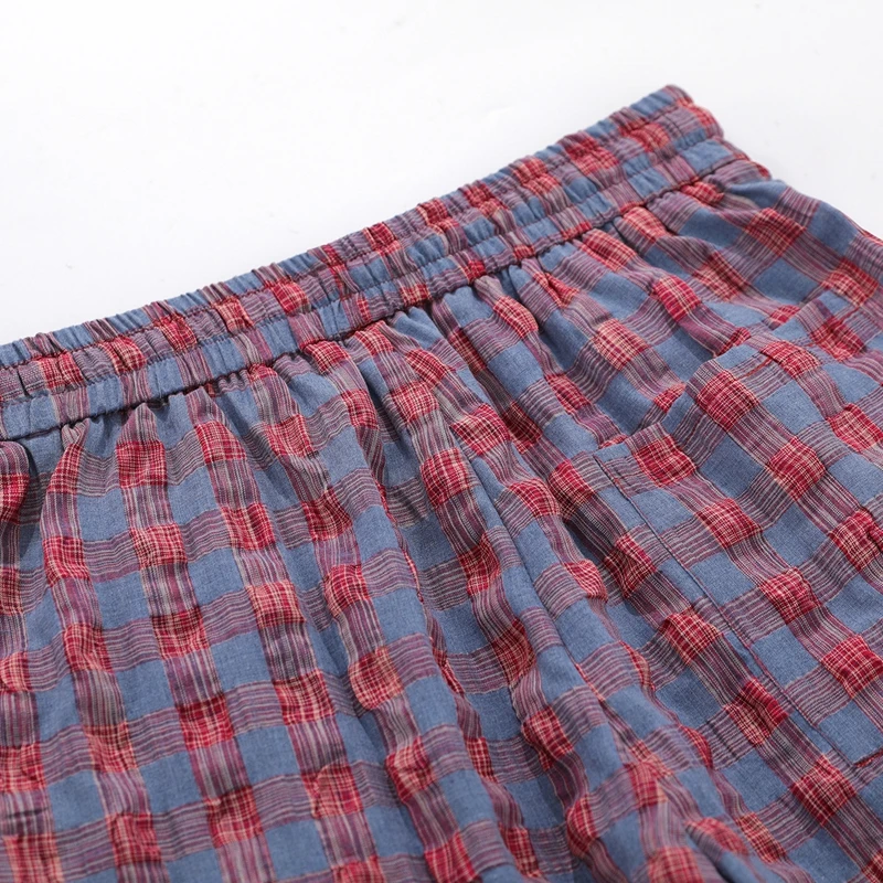 Kreppige, strukturierte, karierte Wide-Leg-Hose in Blau-Rot mit elastischem Bund, Lounge-Hose, Oversize-Vintage-Preppy-Freizeithose – Detail 5