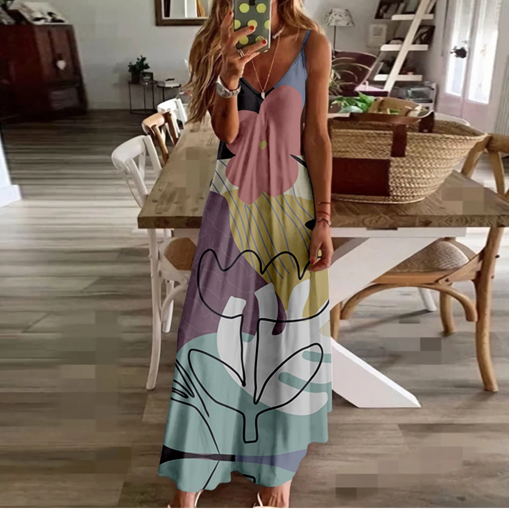 

Spring Summer Women V-Neck Line Drawing Printed Sexy Beach Long Maxi Dress Split Sleeveless Clothing Holiday Vestido