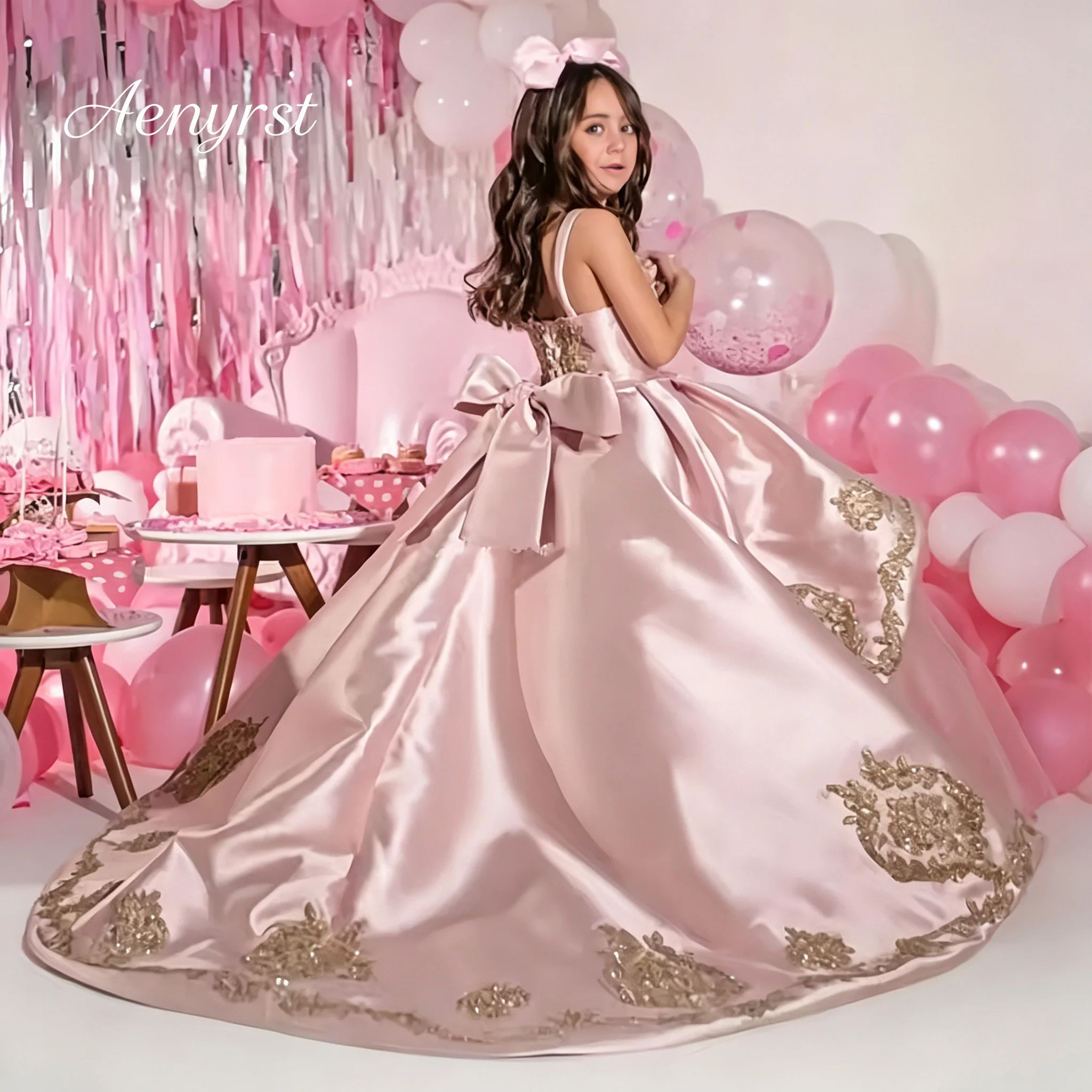 Girls Pink Satin Ball Gown Gold Embroidery Spaghetti Strap Floor Length Princess Dress For Pageant Birthday Party