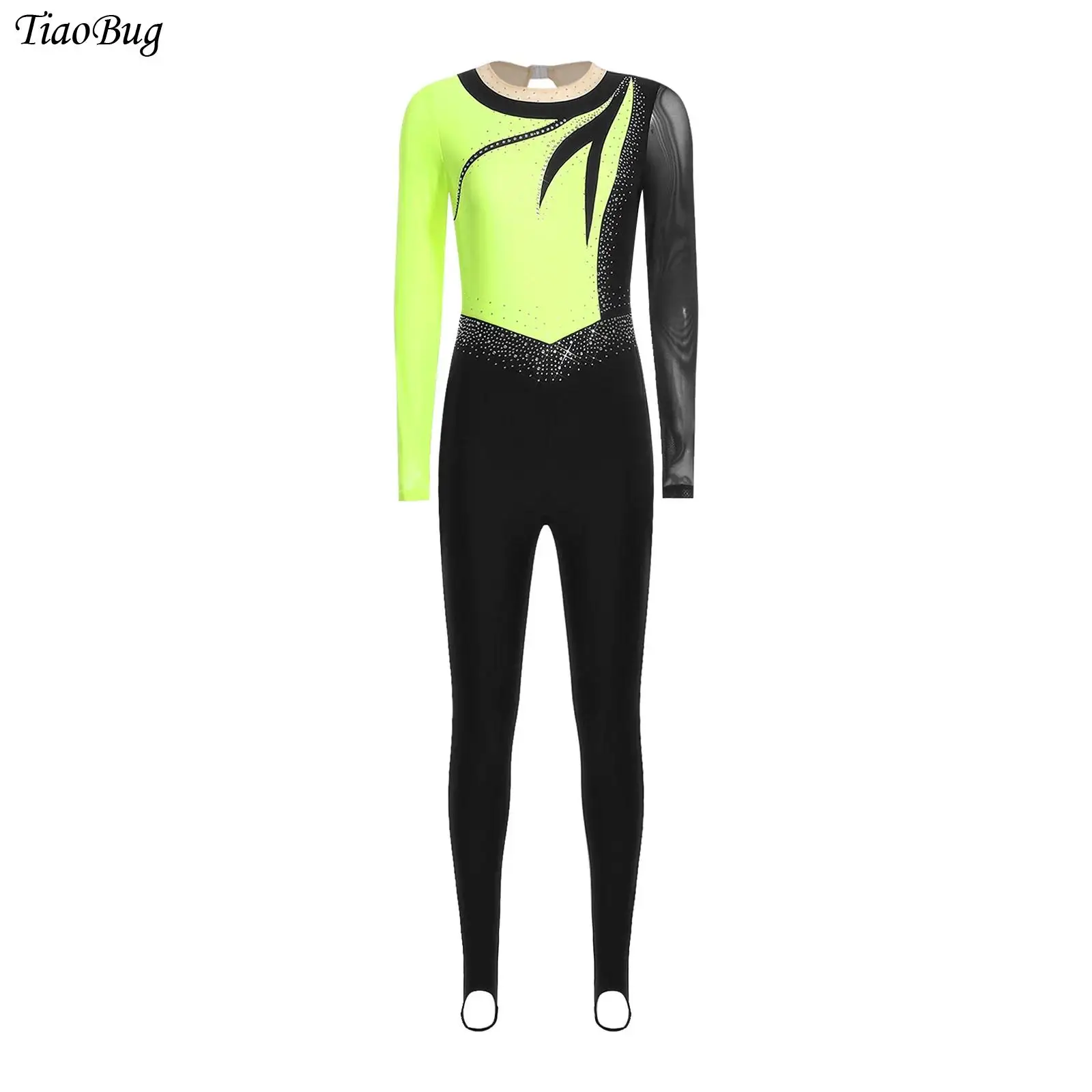 

Women Rhinestones Ballet Unitards Long Sleeve Gymnastics Dance Jumpsuit Contrast Color Mesh Stirrup Leggings Skating Bodysuit