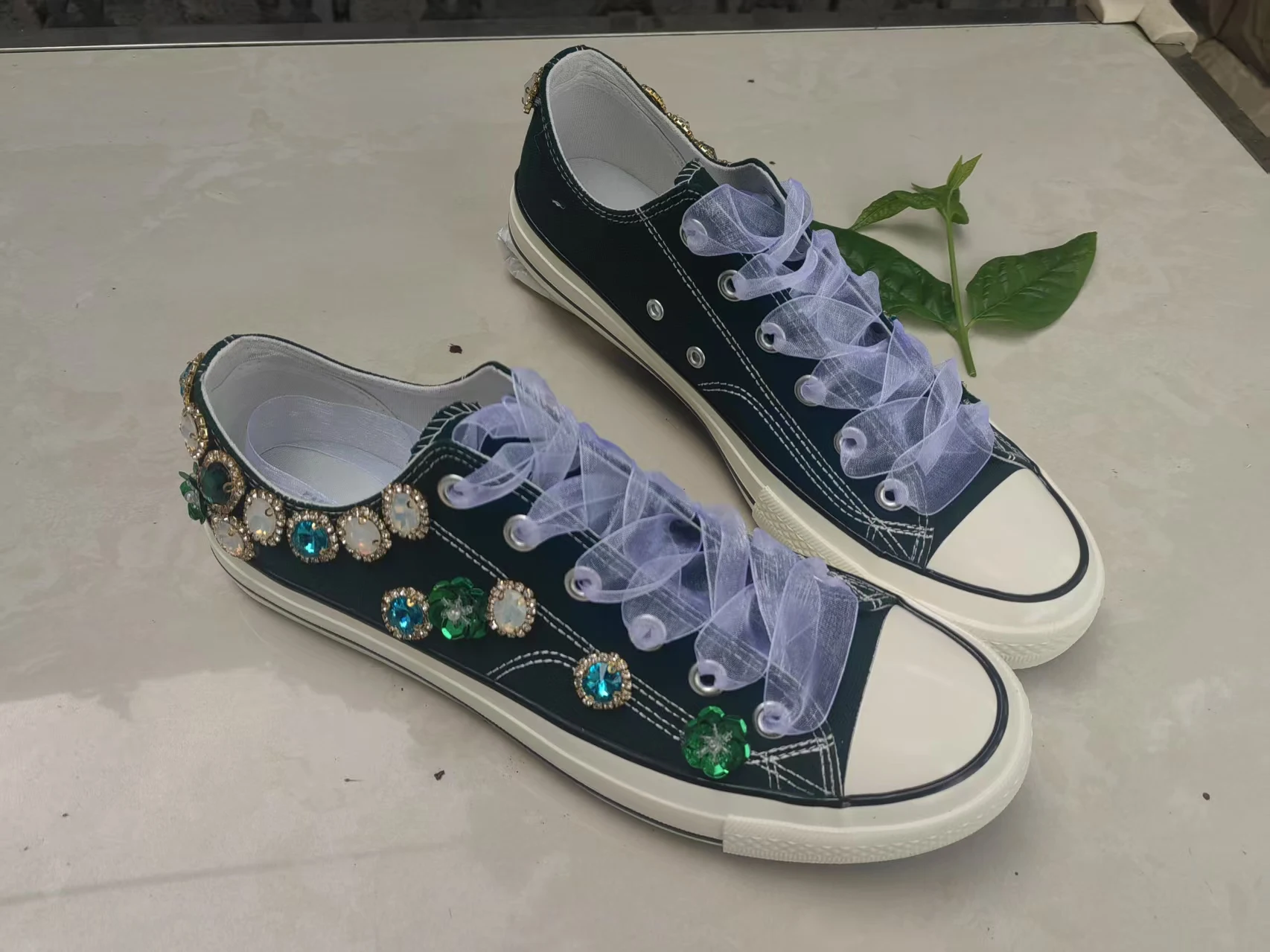 

Green rhinestone flower sequins gem espadrilles hand custom large size casual sports women's shoes 35-43