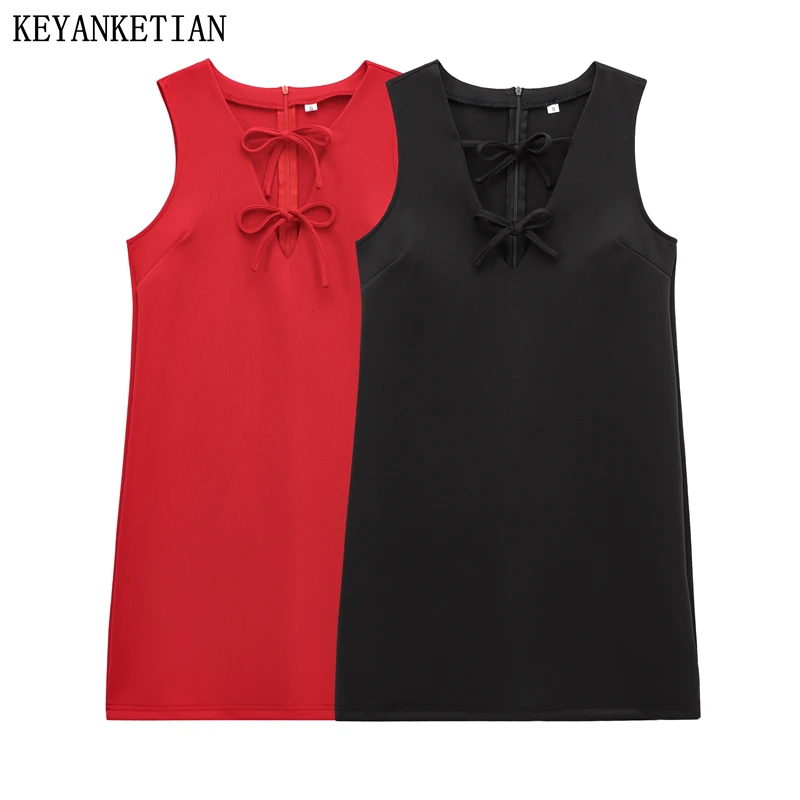 KEANKETIAN 2025 primavera nuevo vestido sin mangas con cuello en V adornado con lazo para mujer dulce cremallera trasera Mini vestidos ajustados de color sólido