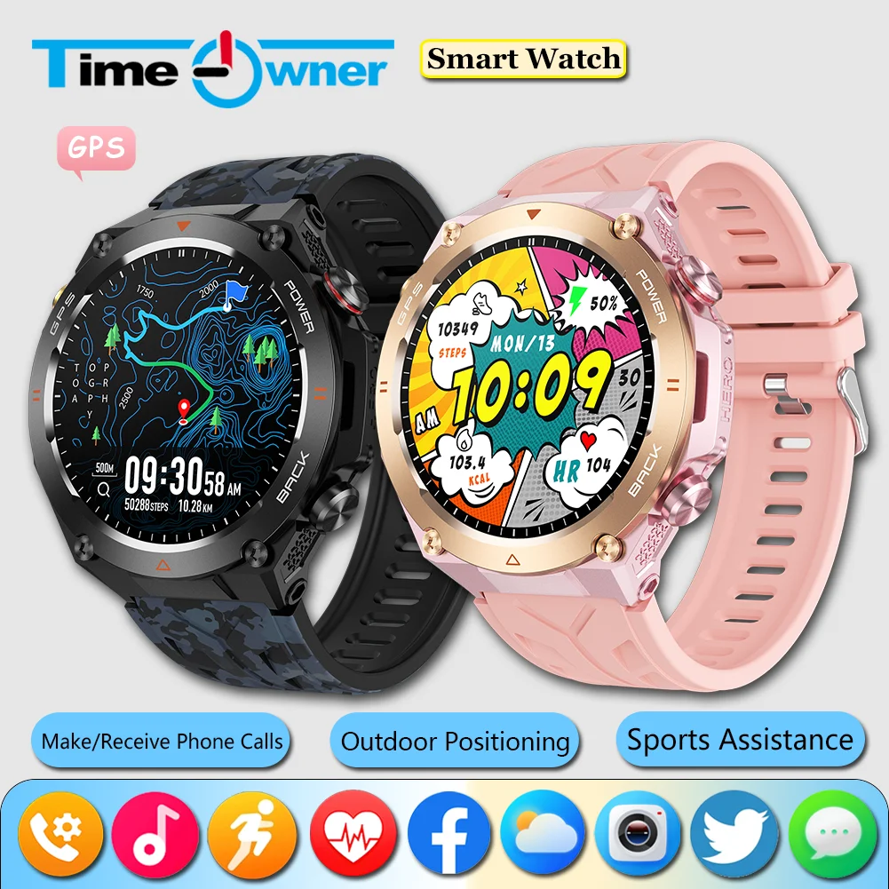 

TimeOwner Bluetooth Call Smart Watch Men's Waterproof Outdoor Sports Fitness Built-in GPS Tracker Smartwatches Health Monitoring