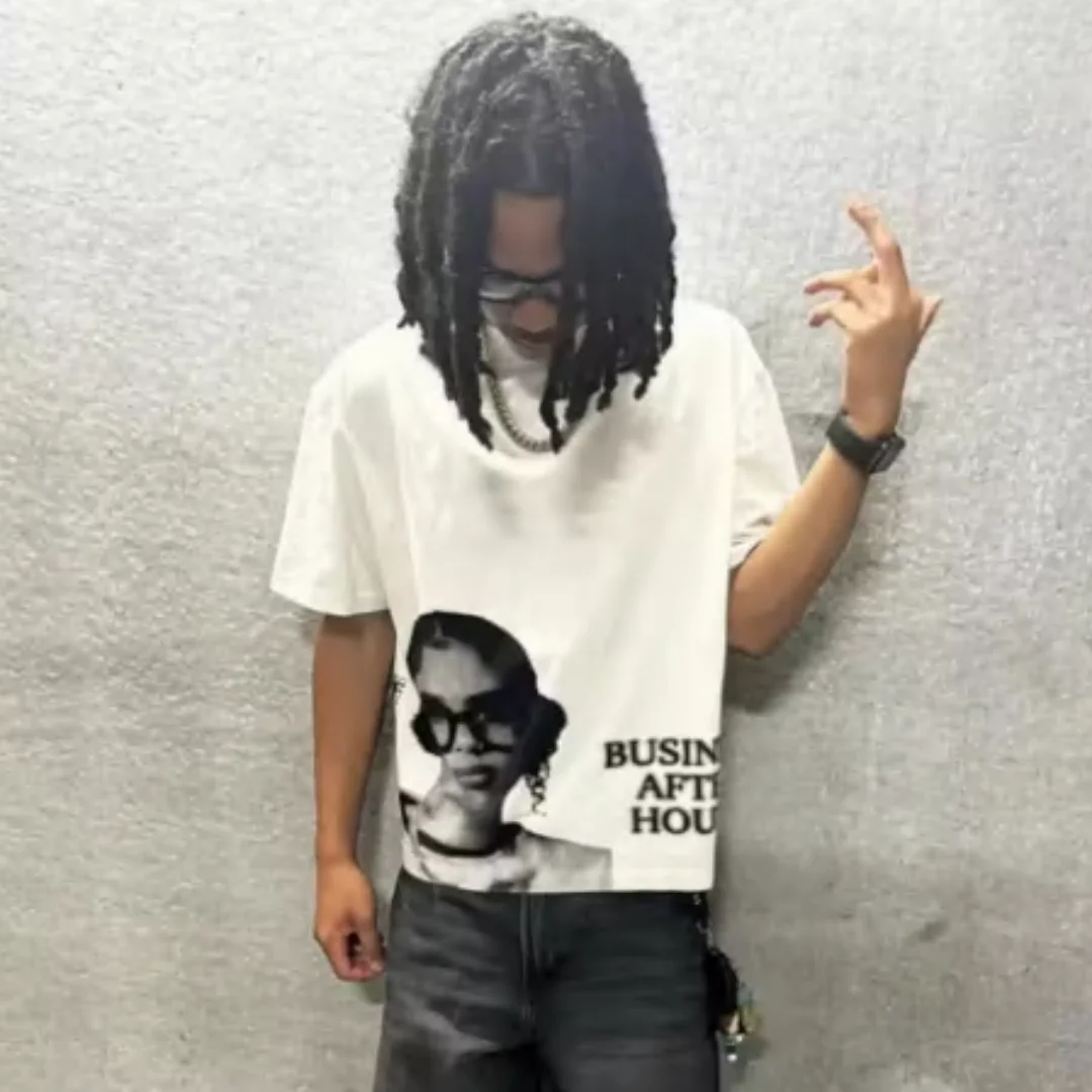 Y2k Europe and America Hip Hop character Printed Oversized T-Shirt Mens and Womens Retro Street Casual Short Sleeved Tops
