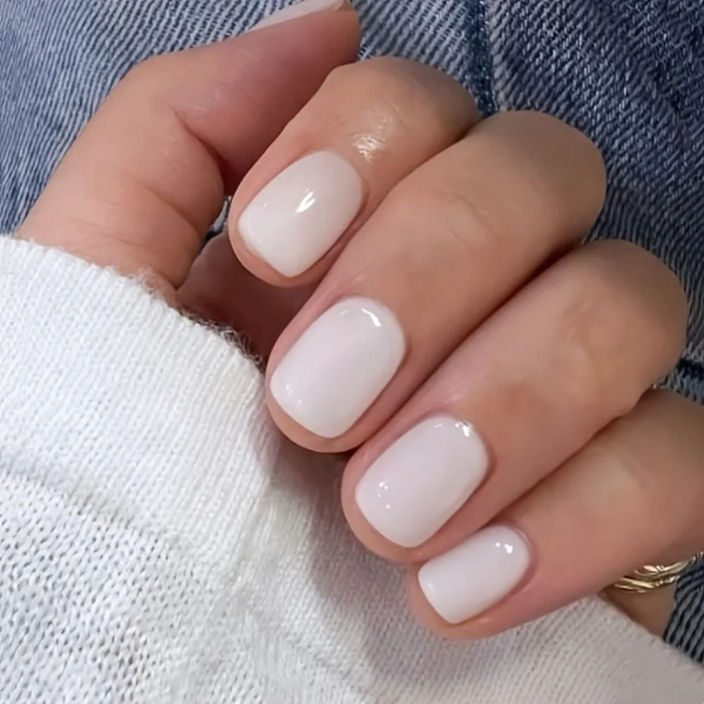 24PCS Milky White Press on Nails Short Square Translucent Jelly Fake Nail Extension French Clean Girl Manicure Tip