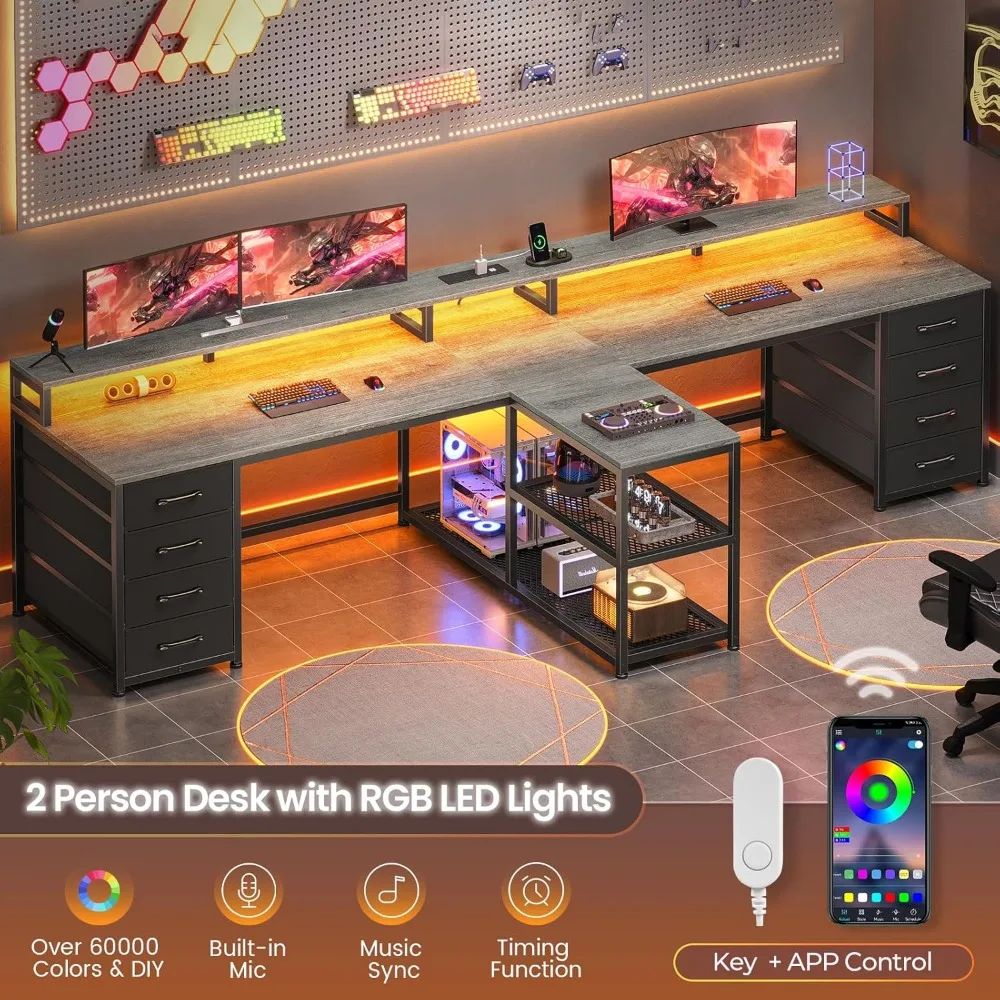 "مكتب ألعاب مزدوج الاستخدام مع 8 أدراج وإضاءة LED وتخزين وشريط طاقة" #6