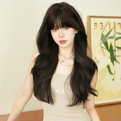 NAMM Long wavy Deep Brown Wig for Women Daily Party High Density Synthetic Deep Brown Hair Wigs with Bangs Natural