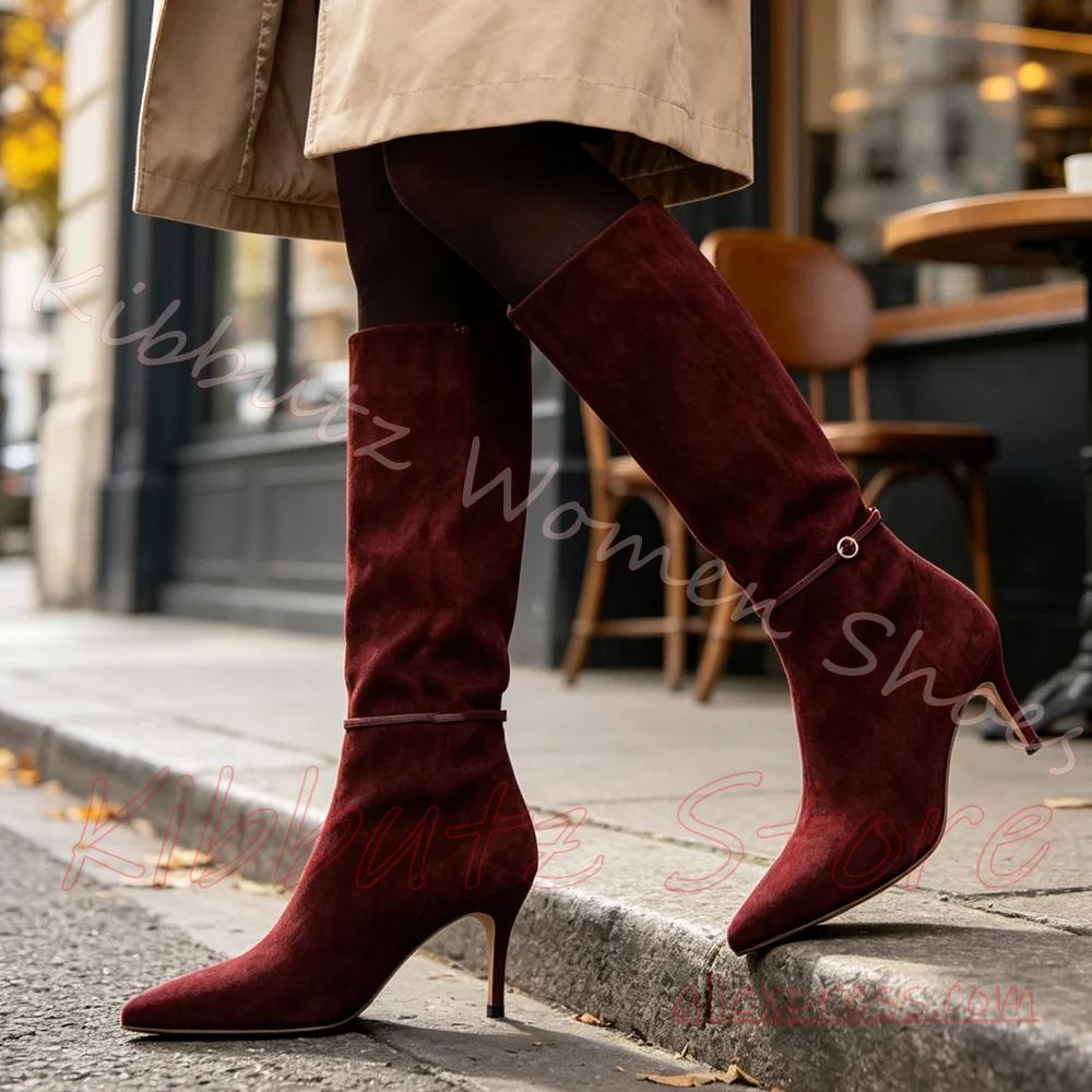 Knee High Boots Suede Leather Womens Pointed Toe Stiletto Heel Slim Calf Strap Elegant Formal Party Streetwear Fashion Shoes New