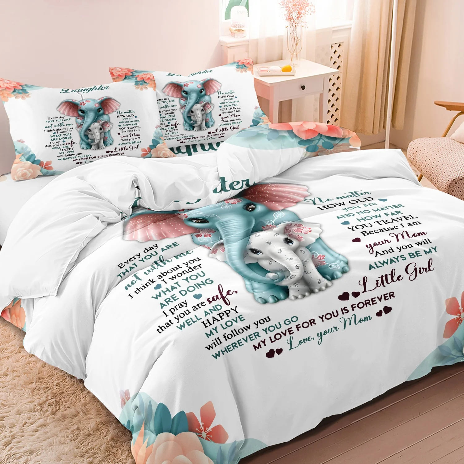 

3pcs Cute Mother and Baby Elephant Floral Print Duvet Cover Set,Bedroom Hotel Inn School Dormitory Can Be Used As Holiday Gifts