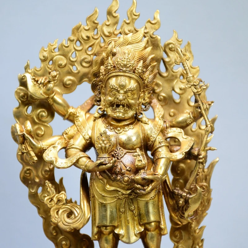 Gilt Copper White Six-Armed Mahakala Statue Tibetan Buddhism Wrathful Buddha Sculpture Altar Worship Wealth Guardian Home Decor