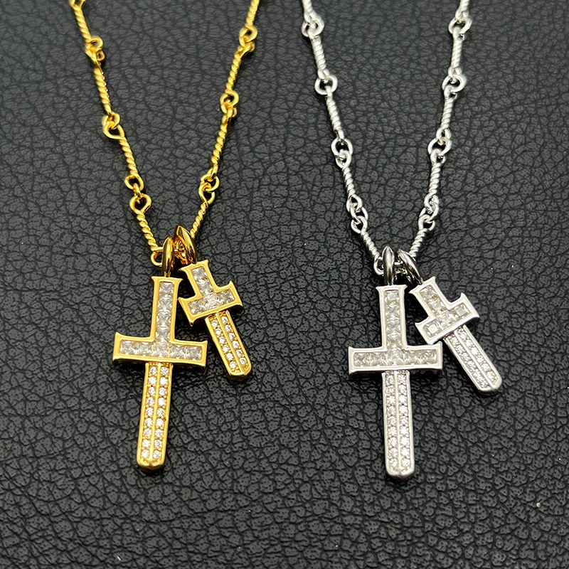 Luxury Rock Paved Stone Dual Cross Pendant Necklace Gold Silver Tone High Quality Statement Chain Jewelry Gift For Girlfriend