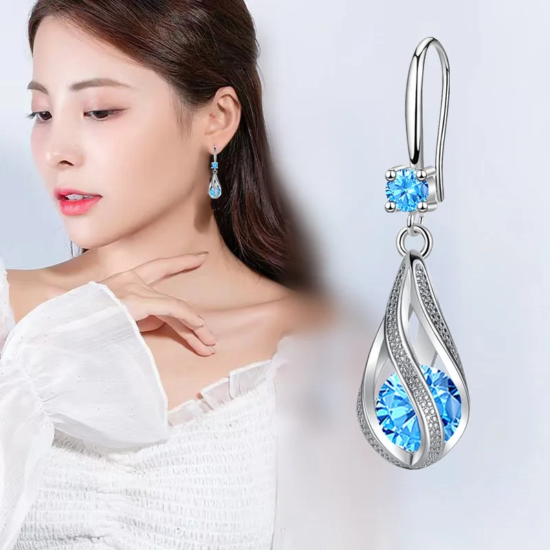 Wholesale shining 925 Sterling silver blue Crystal earrings for women luxury fashion jewelry party wedding  gifts