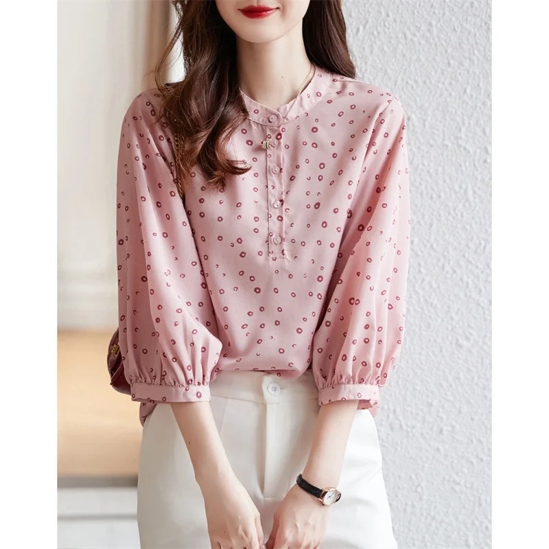 Woman Spring Summer Style Blouses Tops Lady Casual Half Sleeve Stand Collar Polka Dot Printed Blusas Tops DF4474