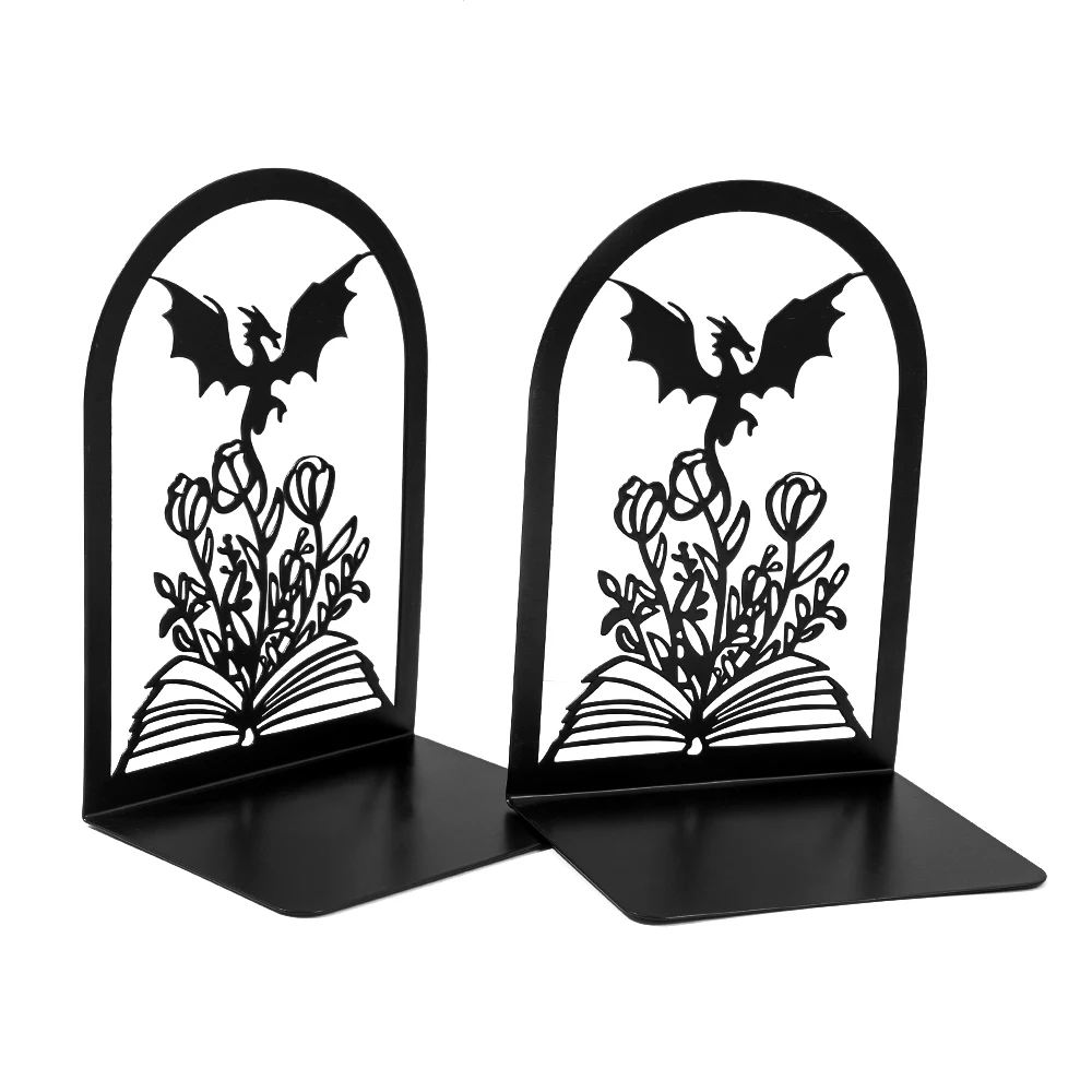 Dragon Flower Book Hollow Design Bookshelf, Black Light Luxury Metal Bookshelf, Decorated with Anti Slip Book Stopper.