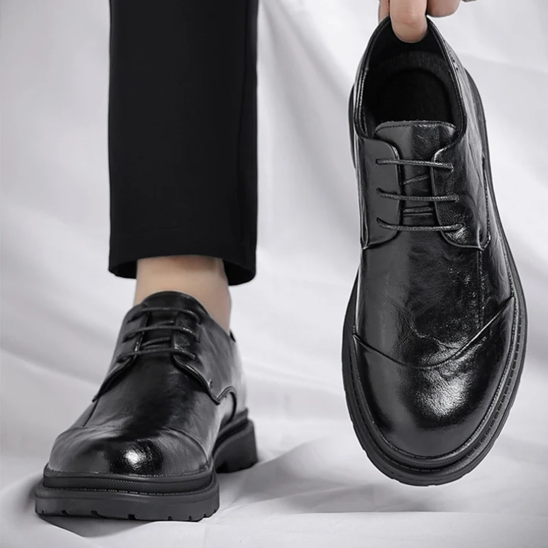 

Mens Black Genuine Leather Wrinkle Lace Up Chunky Platform Oxford Shoes Business Formal Office Wedding Casual Dress Shoes