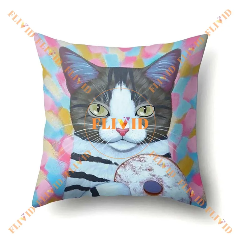 Cartoon Cat Dog Animals Print Pillow for Home Decor, Cushion Decoration for Sofa, Square Throw Pillows with inner