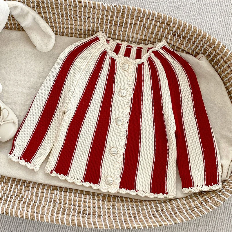 Autumn Girl Classic Striped Cardigan Children\'s Knitted Sweater Cardigan New Baby Round Neck Sweatshirt Kids Soft Suit Clothes