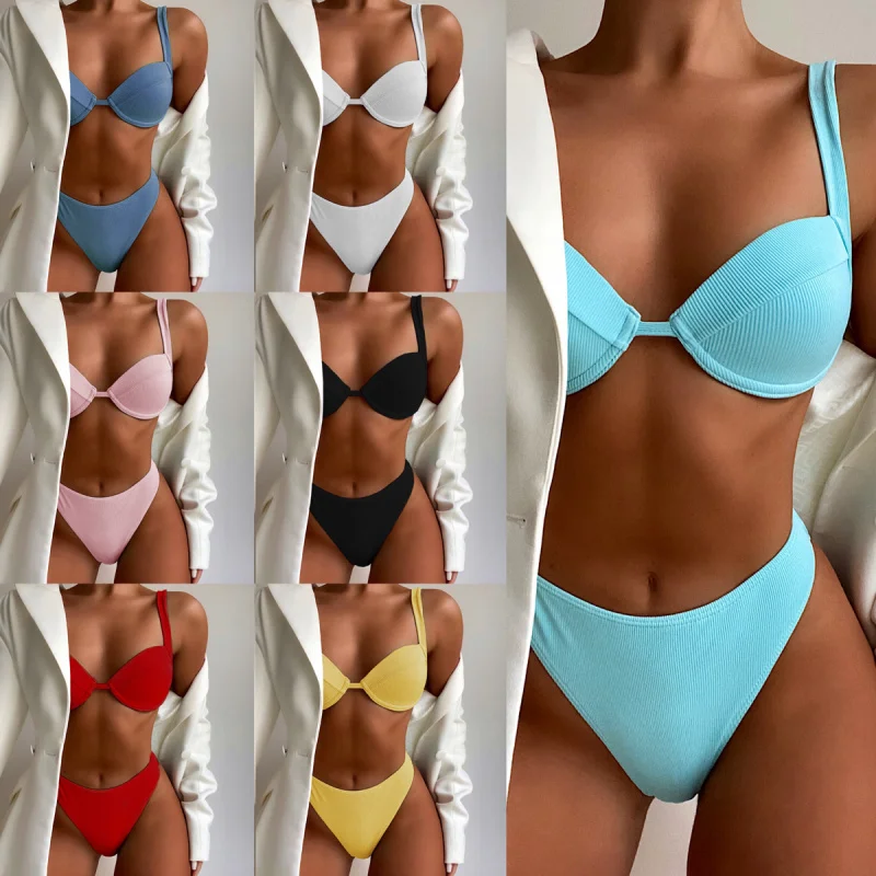 

Luanguo New Hard Cup Bikini High Waist Solid Color Swimsuit76606