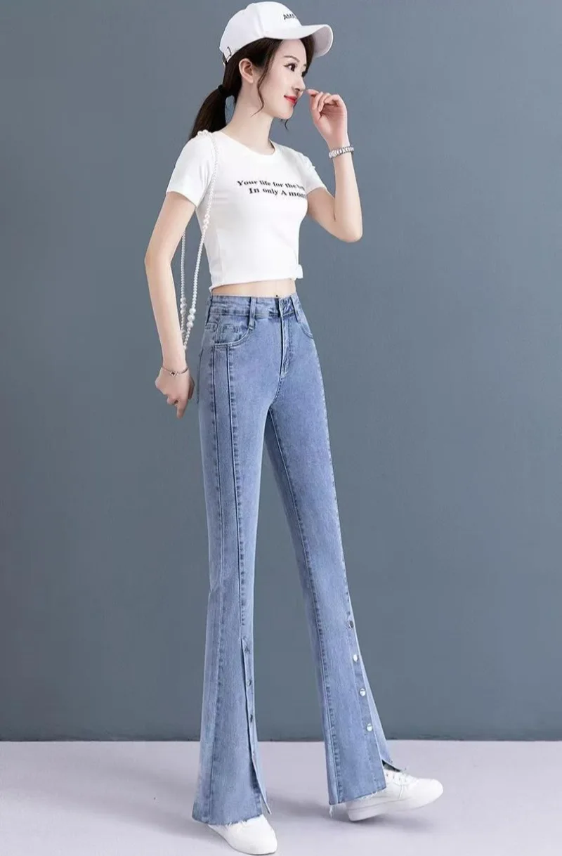 Women Light Blue Split Leg Pants Spring Autumn High Waist Split Button Pants Slim Casual Jeans New Fashion Denim Pant Trousers