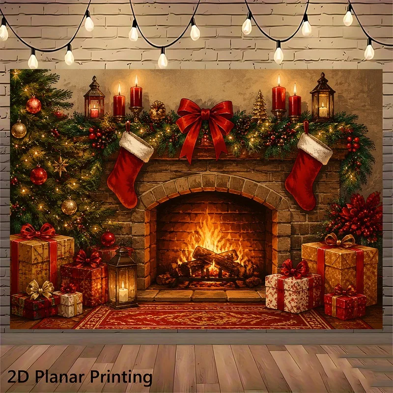 VIKAMA Holiday Fireplace Scene Tapestry, Stone Hearth Red Stockings, Xmas Wall Hanging Decor for Living Room Bedroom