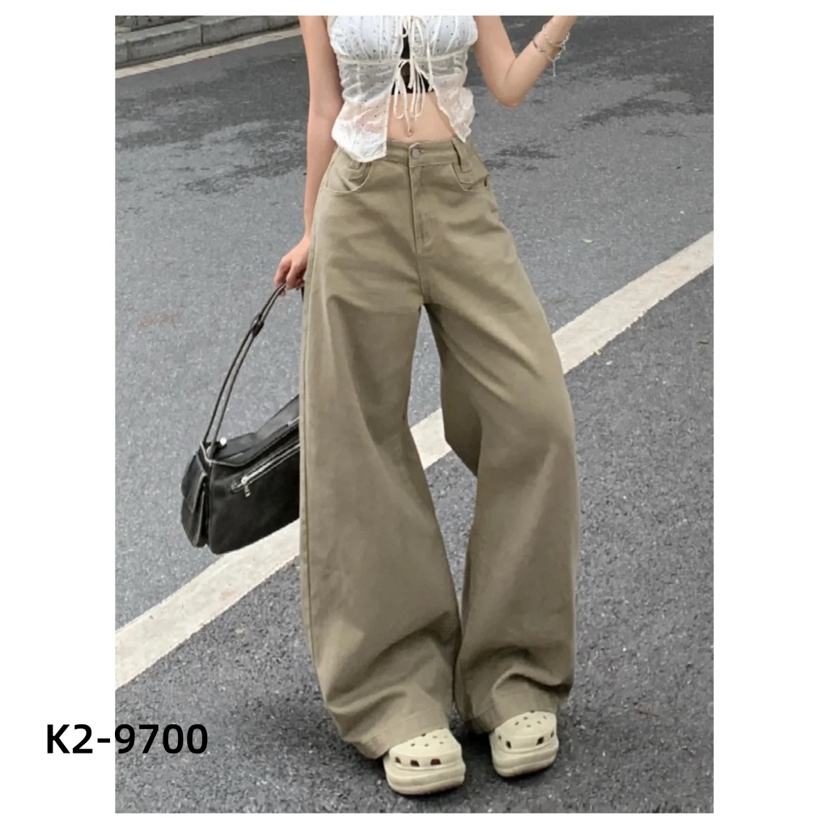 Retro High-Waisted Loose Wide-Leg Women's Pants Khaki Mopping Trousers Spring Autumn 90S Streetwear Straight Cargo Denim Pants