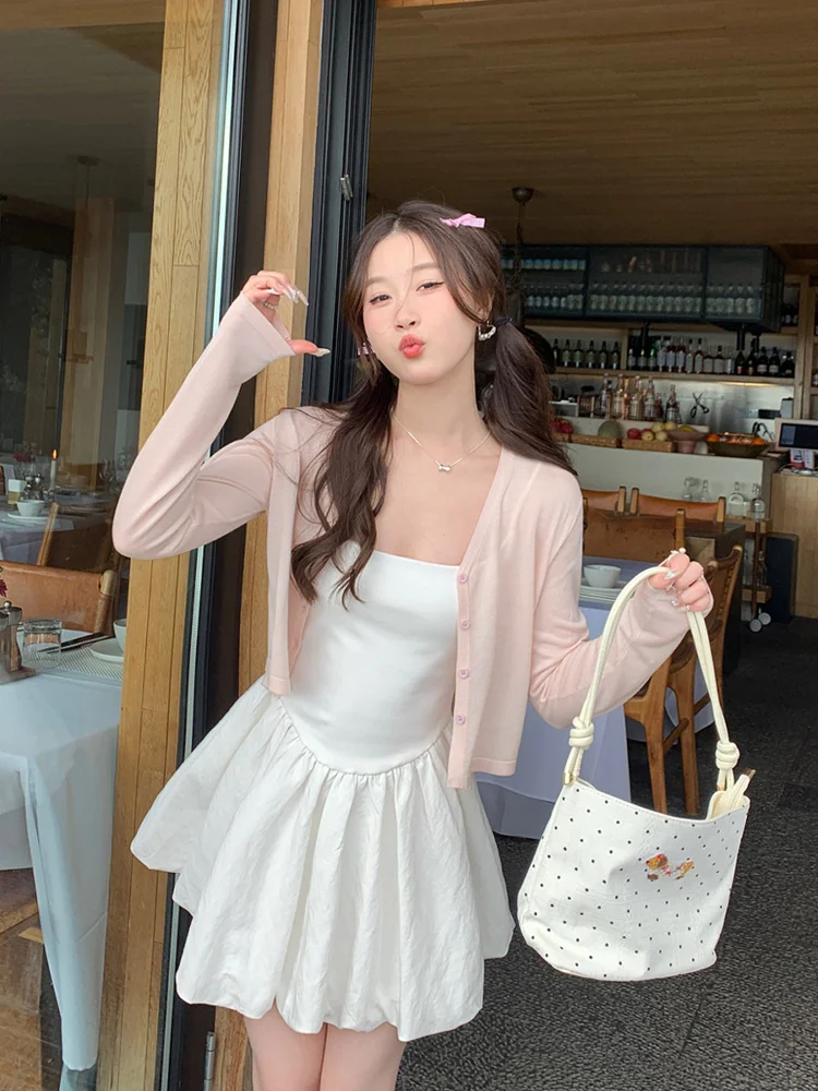 

Lightweight Knitted Cardigan Women's Summer Sun Protection ort Top with Strap Pink Outerwear V-ne Long Sve Loose Fit