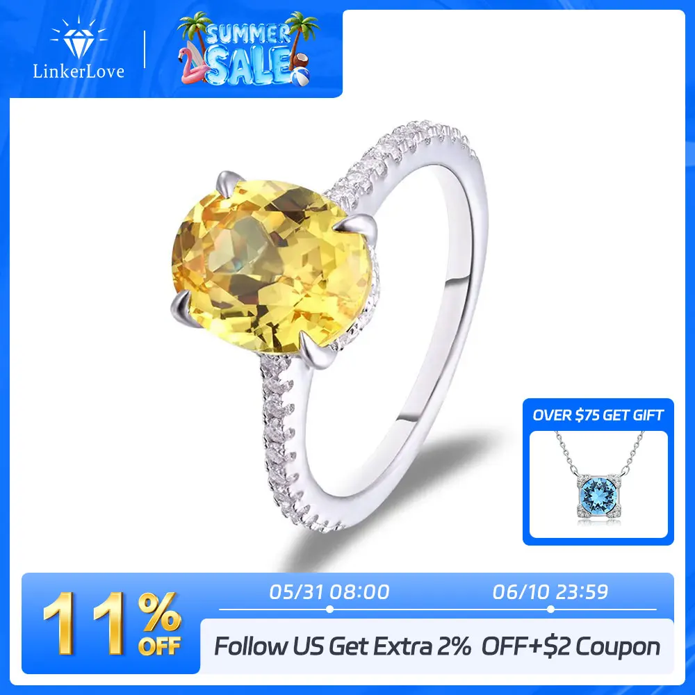 LinkerLove S925 Sterling Silver 2CT Oval Cut Yellow Sapphire Engagement Ring for Women with Moissanite Paved Band Fine Jewelry