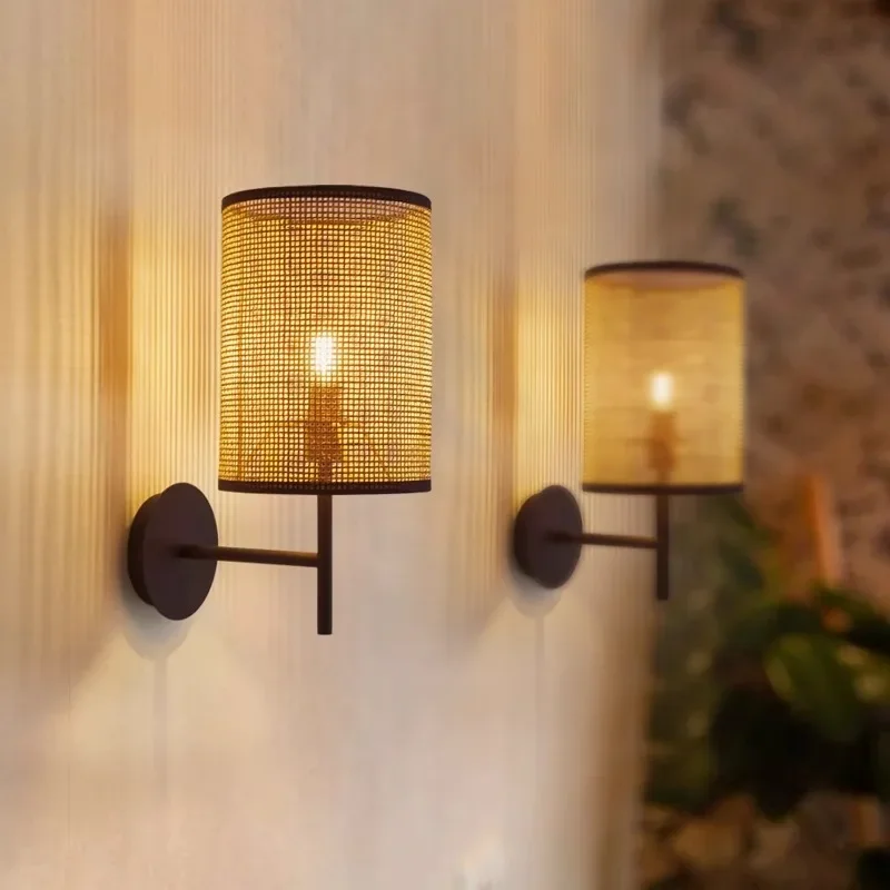 Japanese rattan bedroom wall lamp wabi wind living room aisle entrance retro simple study bed and breakfast art bedside lamp