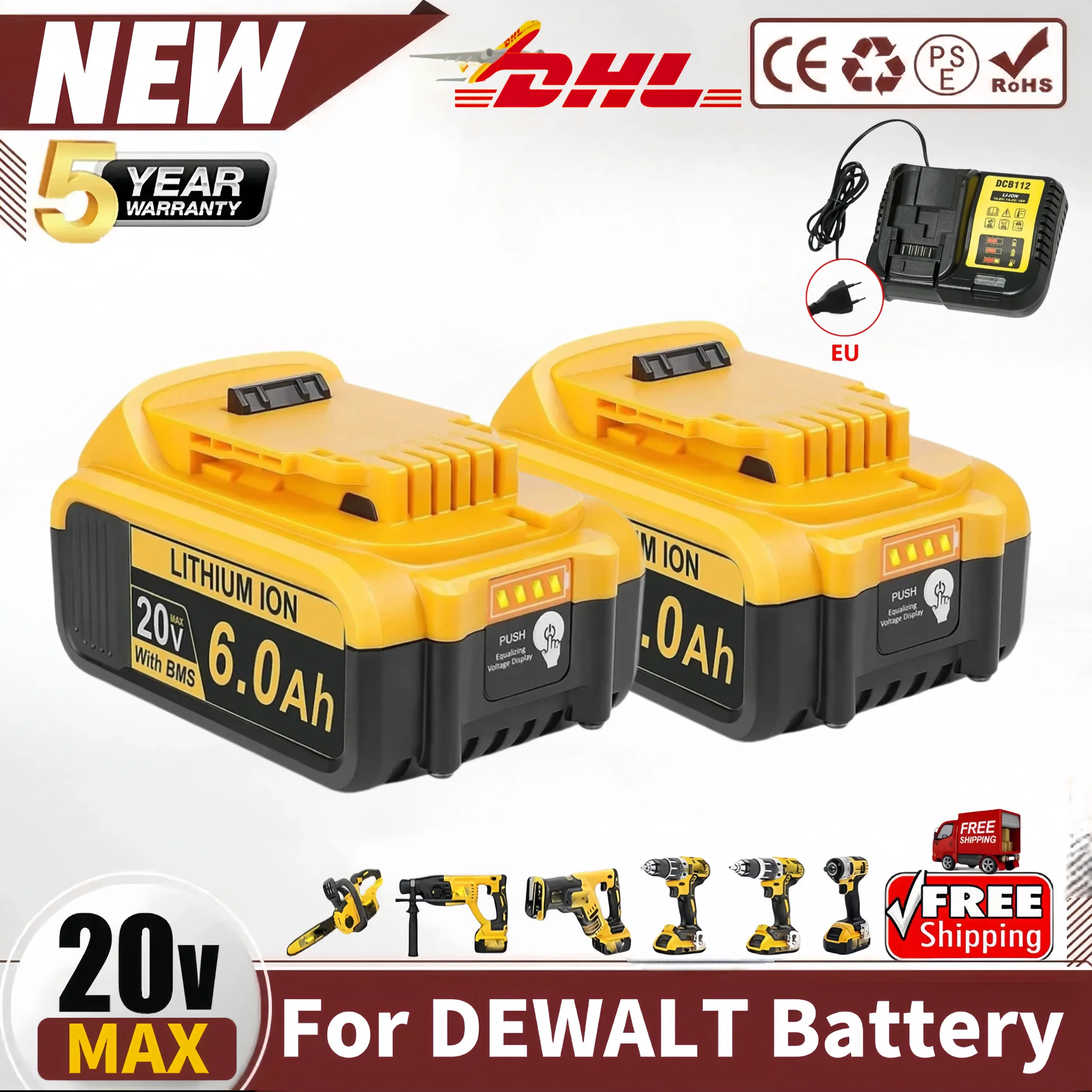 For DeWalt 6.0/8.0Ah Original 20V MAX Tools Battery  Compatible with DCB184 DCB181 DCB182 DCB200 DCB206 Electric Tool Battery