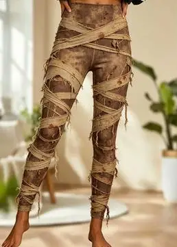 Women Mid‑Rise Fleece Lined Leggings Halloween Mummy Bandage Print Slim Stretch Thermal Pants