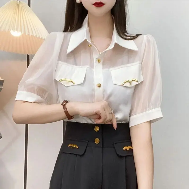 Female Clothing Chic Single-breasted Shirt Commute Solid Color Patchwork Casual Turn-down Collar 2023 Summer Half Sleeve Blouse