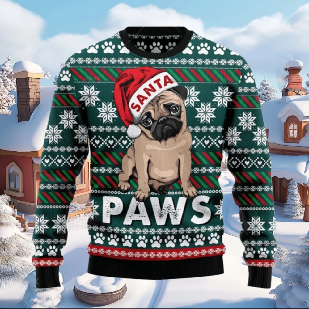 Christmas Theme Cute Pugs 3D Print Sweatshirts Merry Christmas Pull Dogs Graphic Ugly Christmas Sweater Holiday Party Jumper Top