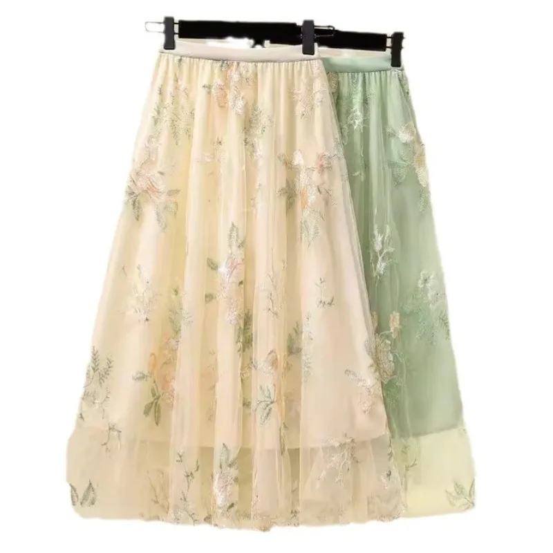 

2025 New Women Heavy Industry Embroidery Summer High Waist Versatile Mesh Embroidery Fairy Long Skirt Medium Long Length Skirts