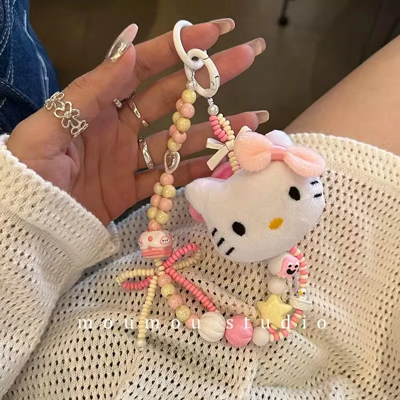 Nowy kolorowy brelok z koralikami Sanrio Hello Kitty Kawaii Cartoon pluszowy pasek do telefonu pasek na nadgarstek plecak wisiorek dekoracja prezenty