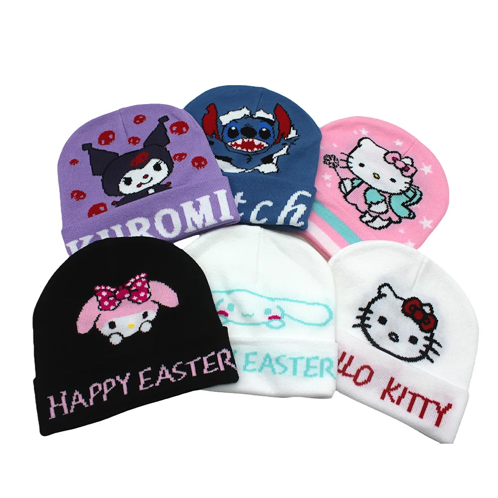 

Зимняя вязаная шапка Hello Kitty Sanrio с милым принтом Kuromi Stitch для мальчиков и девочек, мультяшная шерстяная шапка в стиле хип-хоп, подарки