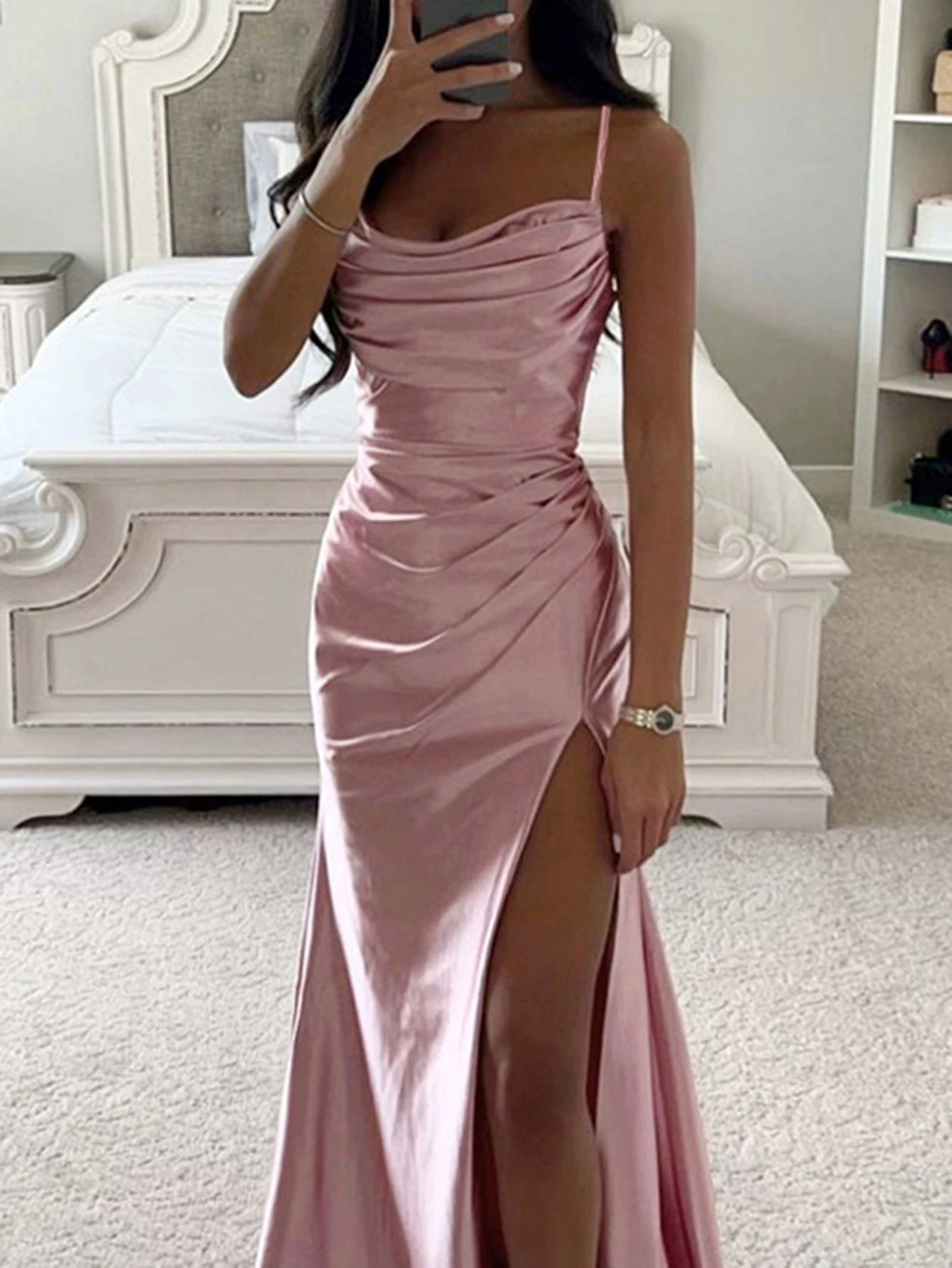 Elegancka damska sukienka bez rękawów z dekoltem typu cowl, długa, letnia, seksowna, gładka, z rozcięciem z boku, w kształcie litery A, na ramiączkach, sukienka na imprezę.