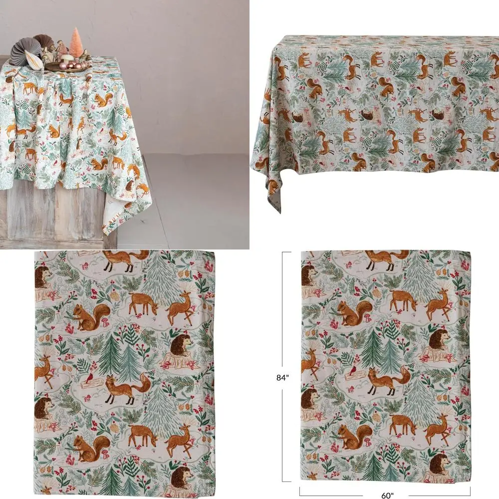 

Multicolored Woodland Flora and Fauna Cotton Printed Tablecloth