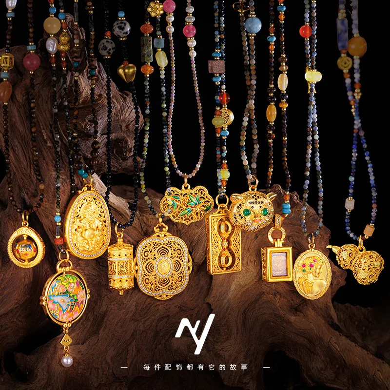 

New Chinese Style Chinese Style DIY Natural Stone 9999 24K Real Gold Bracelet Tourmaline Bead Gourd Wealth God Necklace