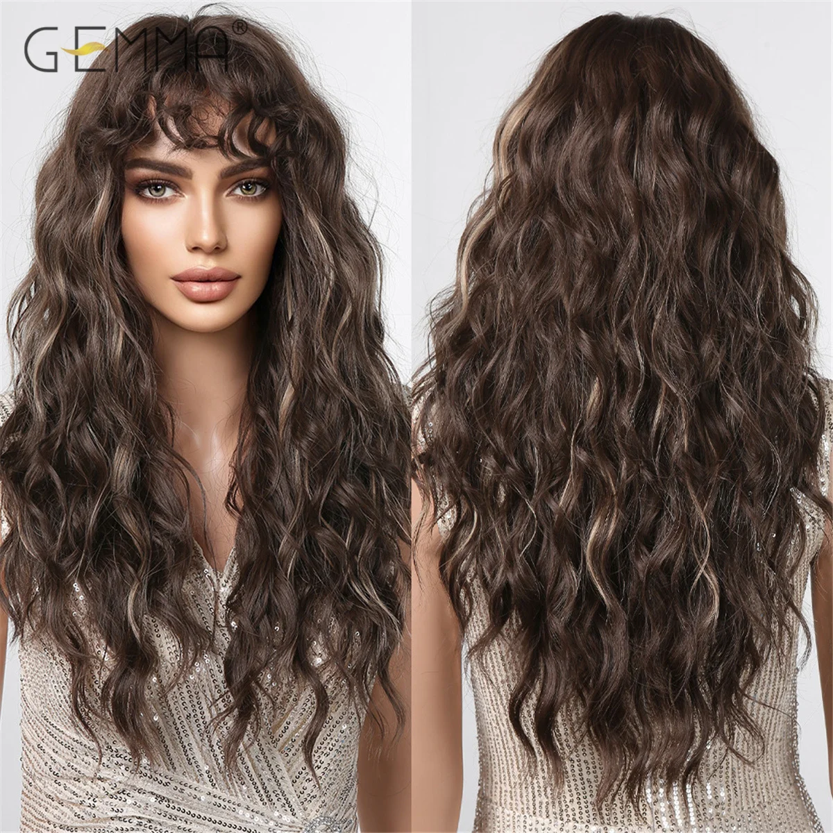 GEMMA Dark Brown Long Curly Synthetic Wig Deep Wave Cosplay Hair Wigs with Wavy Bangs for Women Daily Party Heat Resistant Fibre