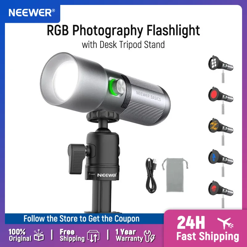 

NEEWER BASICS RGB Photography Flashlight with Desk Tripod Stand/4 Colors/20 Gobo Filters/7500mAh 10W 6300K CRI95 LED Spotlight