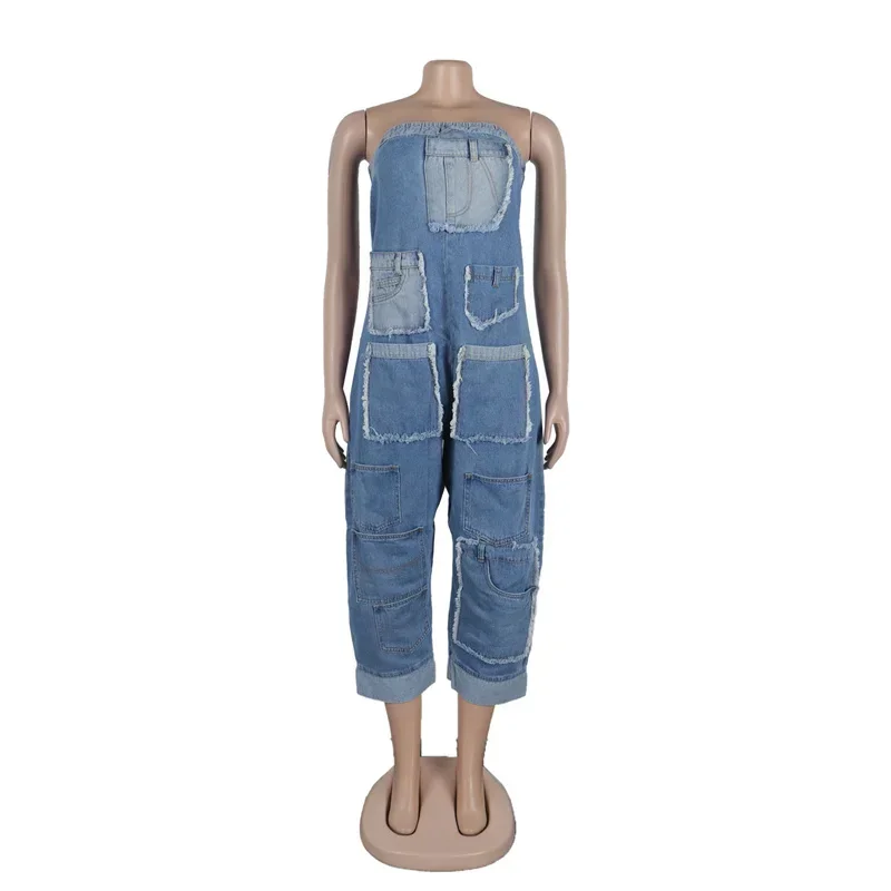 Fashion 2024 Women Strapless Loose Sexy Blue Denim Jumpsuit Stretchy Pockets Patches Cargo Jeans Jumpsuits Street Party Rompers